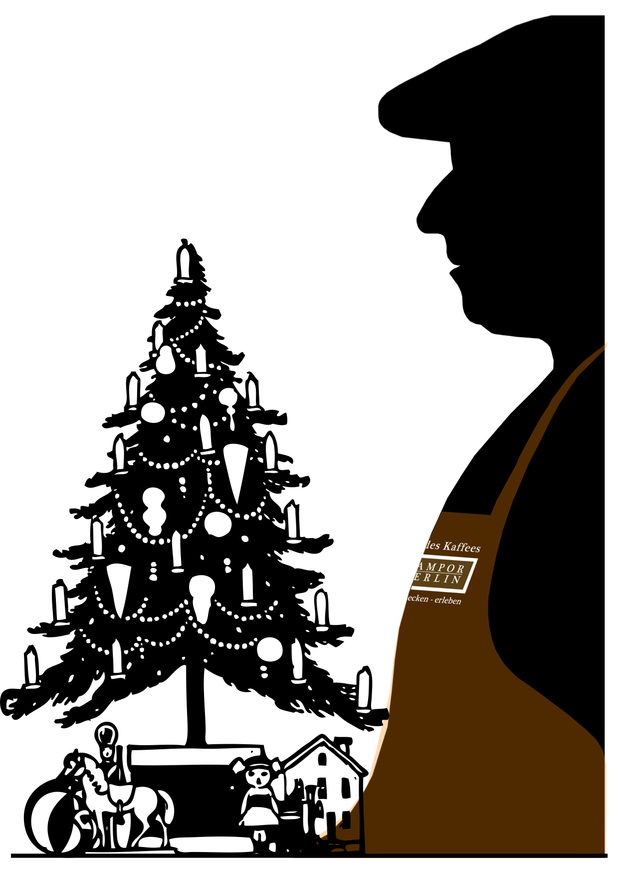 Scherenschnitt - Das Profil vom SAMPOR-KAFFEE-BERLIN vor dem Weihnachtsbaum